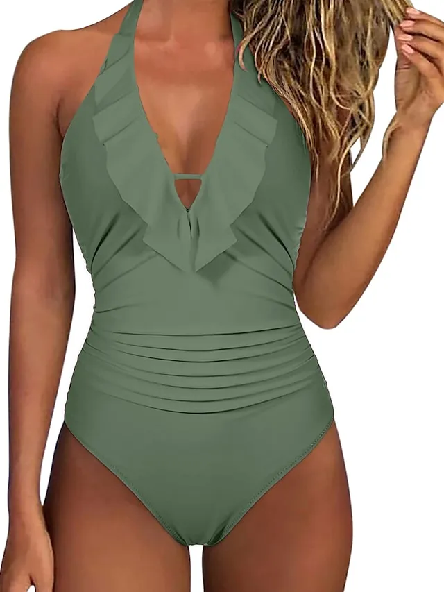 Sexy Deep V-Neck Swimwear for Women Backless Halter Neck One Piece Swimsuit Ruffle Plunge Padded Bathing Suits Cute Beach Wear Solid Colors