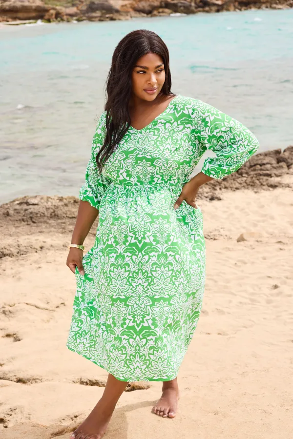 YOURS Curve Green Paisley Print V-Neck Midaxi Dress