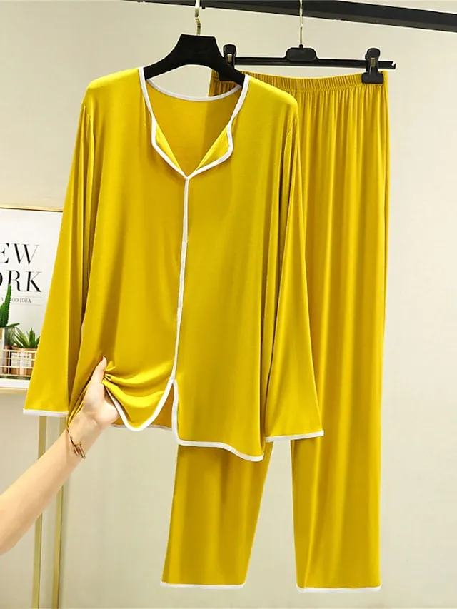 Women's Pajamas Pajama Top and Pant Sets 2 Pieces Pure Color Fashion Casual Soft Home Daily Bed Modal Breathable Lapel Long Sleeve Pant Summer Spring Yellow Pink