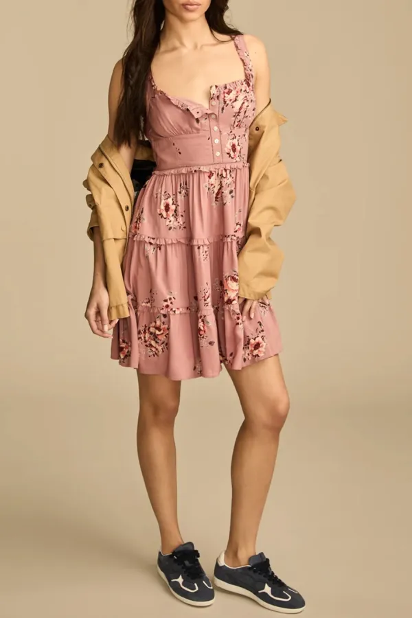 Pink Floral Tiered Ruffle Corset Midi Dress