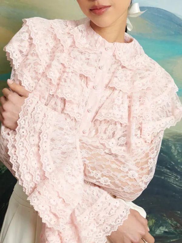 Casual Regular Lace Ruffle Blouse