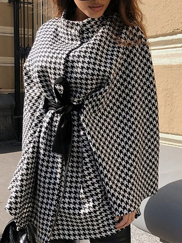 Women's Coat Cloak / Capes Winter Houndstooth Overcoat Fall Long Pea Coat with Belt Elegant Stand Collar Street Daily Wear Fashion Daily Casual Outerwear Long Sleeve Black