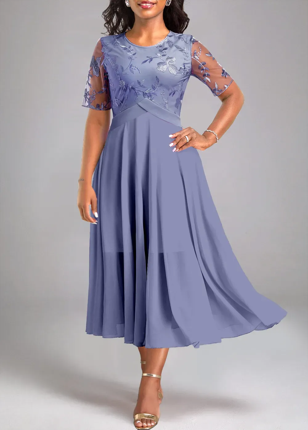 Dusty Blue Embroidery Short Sleeve Round Neck Dress