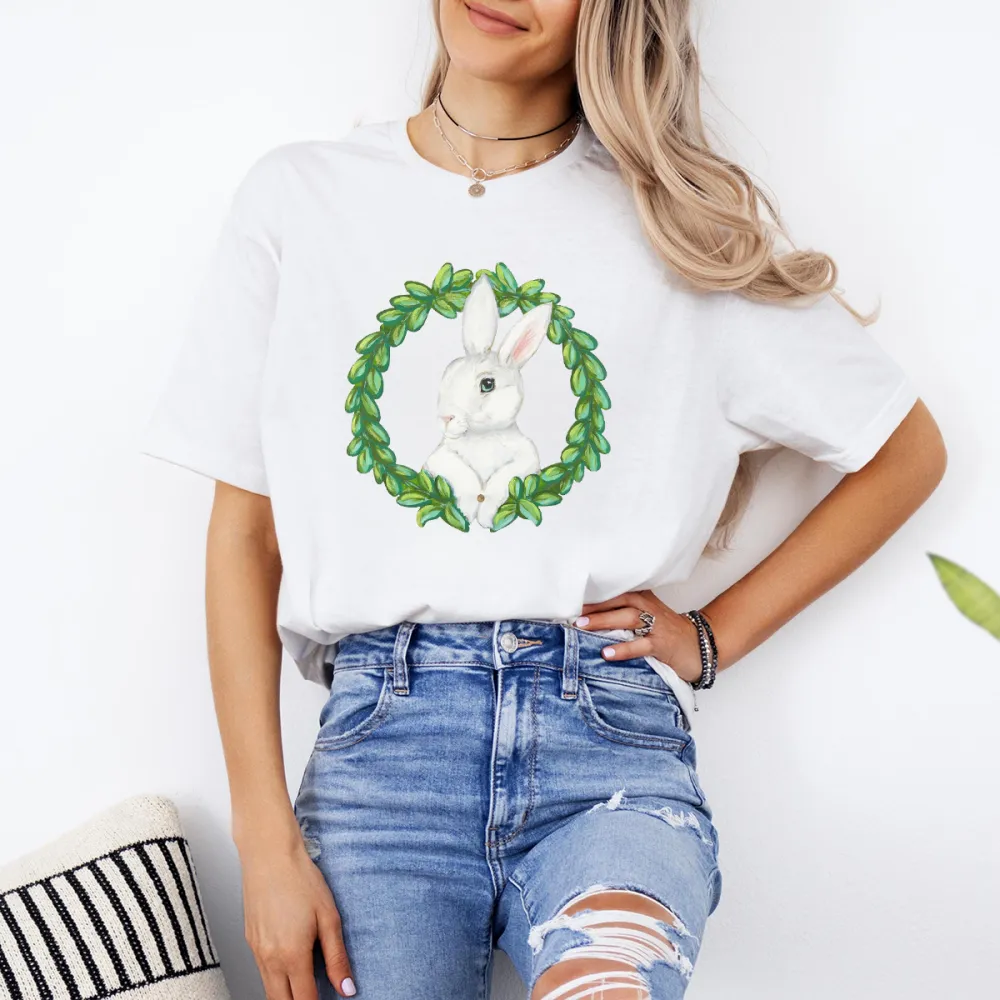 Pattern Of A White Rabbit Surrounded By A Wreath Of Green Leaves, Easter, Casual T-Shirt.