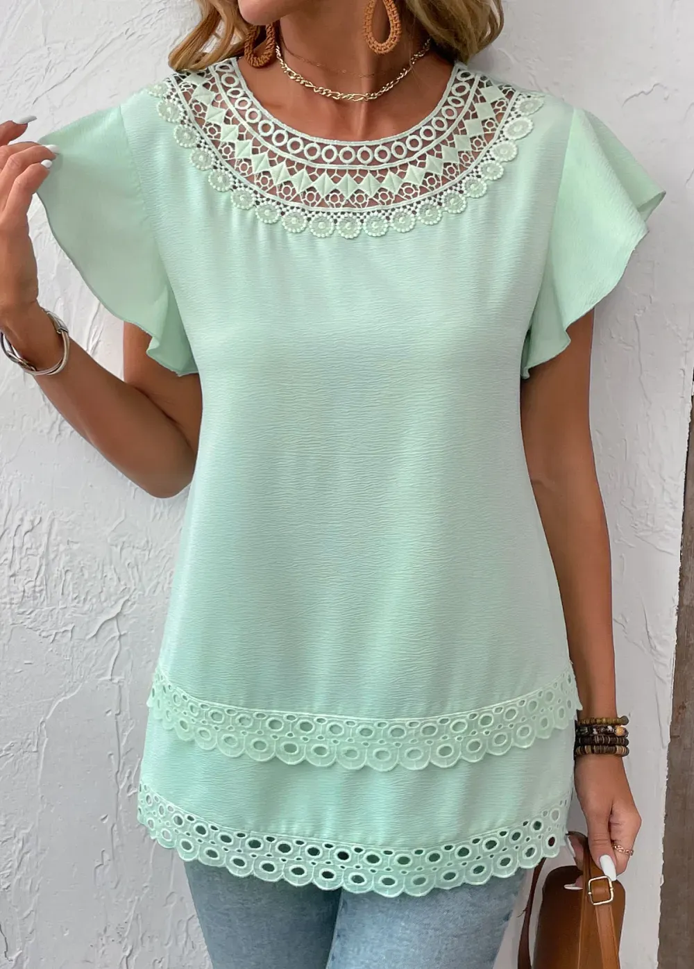 Mint Green Patchwork Short Sleeve Round Neck Blouse