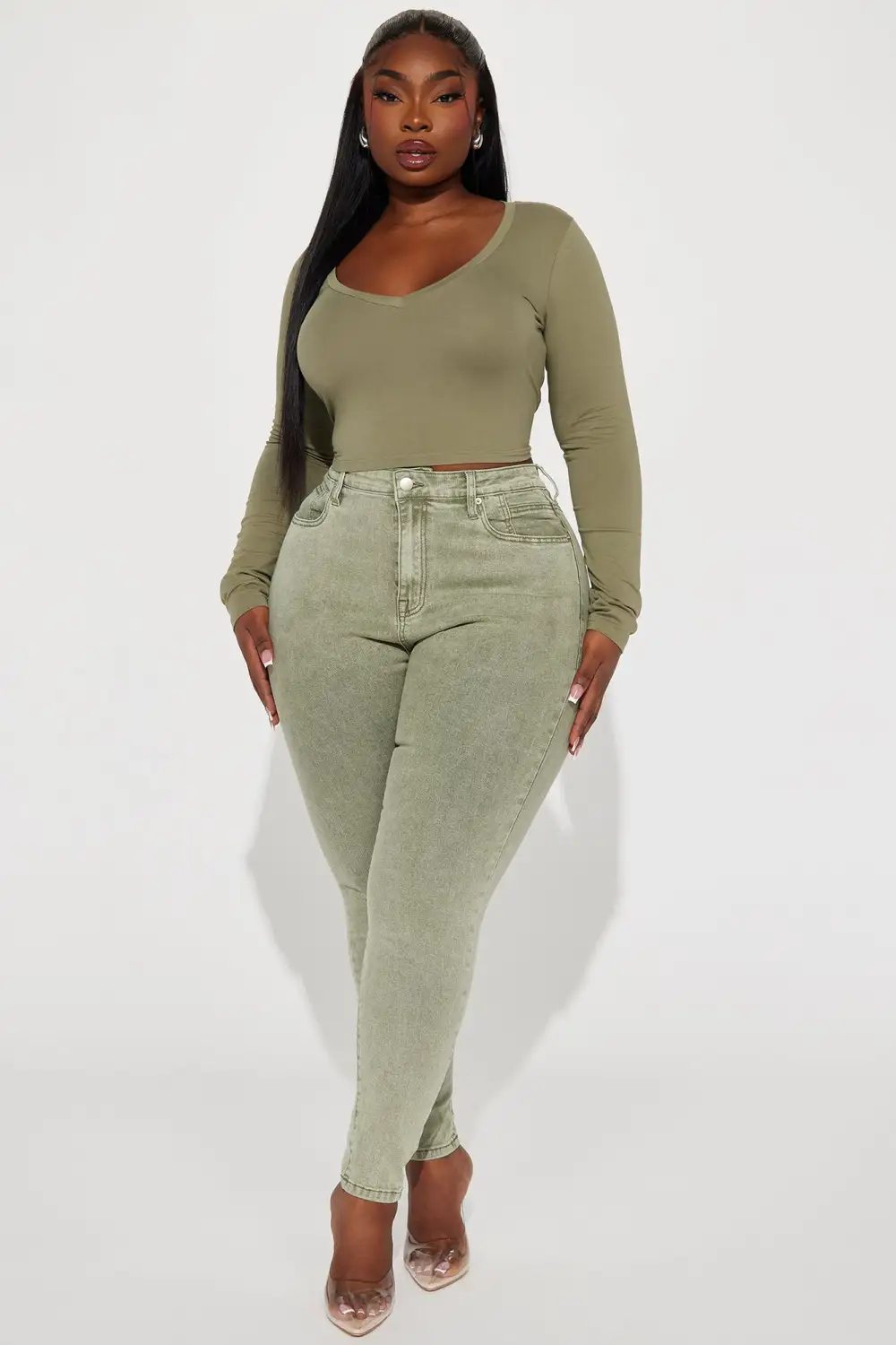 Carly V Neck Crop Long Sleeve Tee - Olive