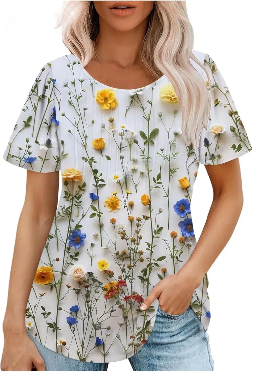 Womens Summer Pleated Front Shirts Tunics Casual Short Sleeved Loose Round Neck Boho Printed Tops Vacation Blouse