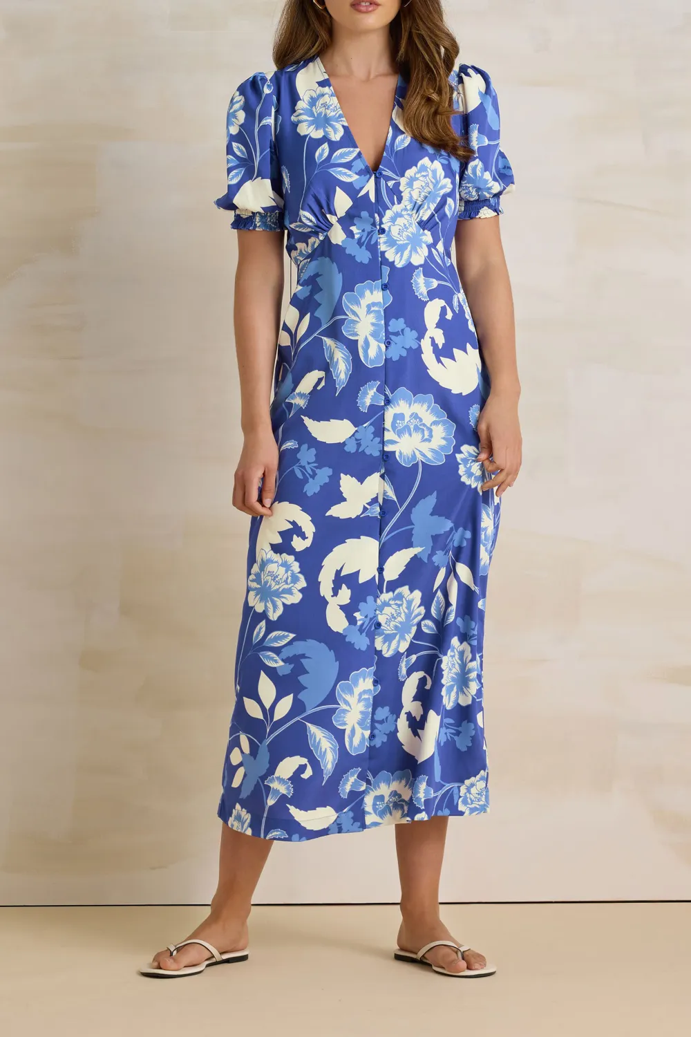 Blue Floral Puff Sleeve Casual Style Tea Dress