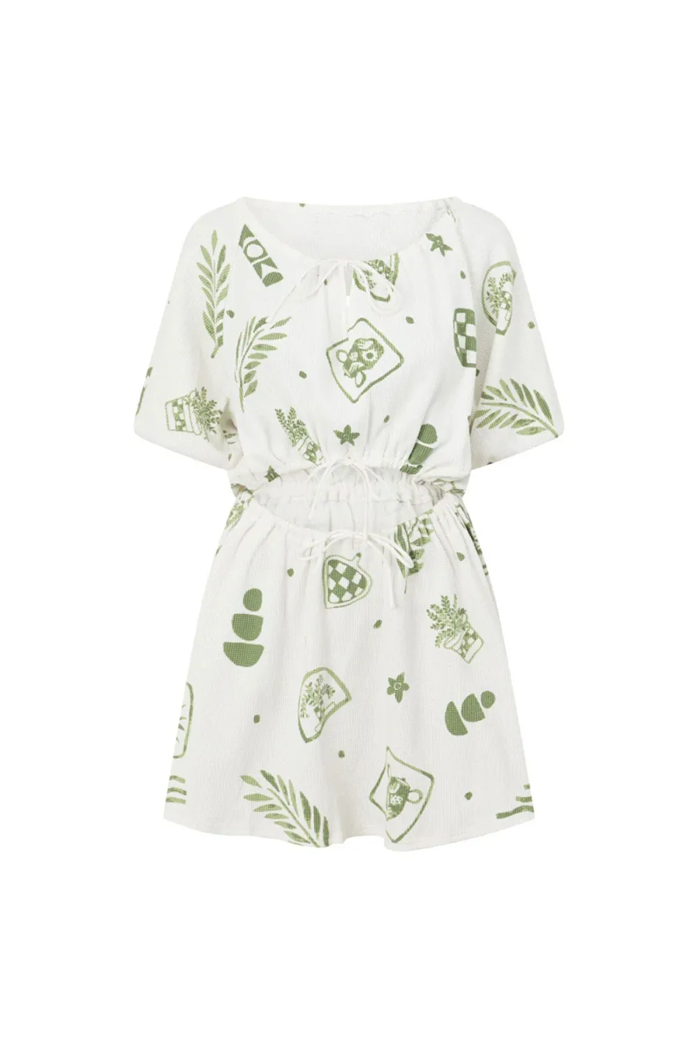 Leaf Print Short Sleeve Tie Waist Mini Dress
