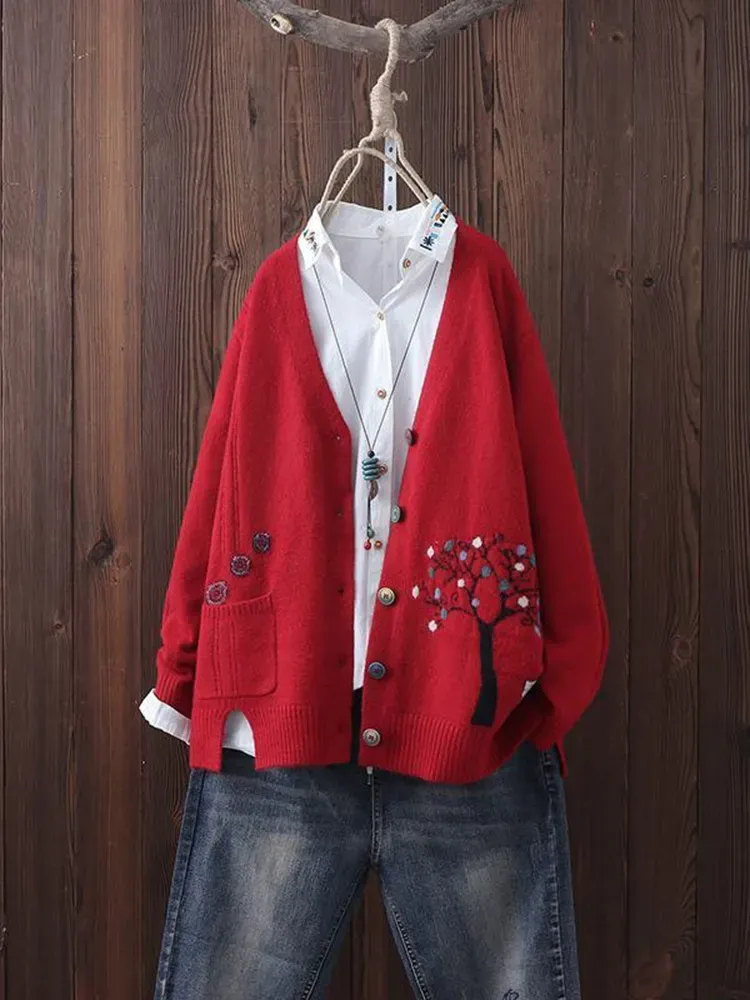 Vintage Botanical Long Sleeve Knit Cardigan