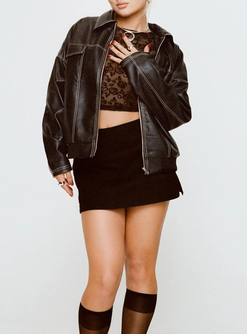 Contrast Stitch Pu Biker Jacket