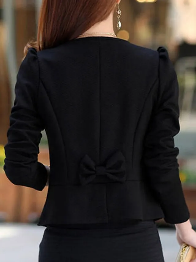 Women's Blazer Fall Short Bow Coat White Black Pink Fuchsia Elegant Street Spring Open Front Round Neck Regular Fit S M L XL XXL 3XL