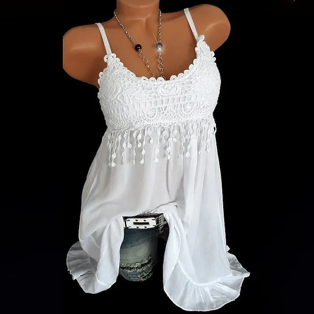 Women's Plus Size Tank Top Camisole Summer Tops Solid Color White Blue Green Lace Ruffle Sleeveless Daily Weekend Holiday Casual Strap Regular Fit Summer Spring