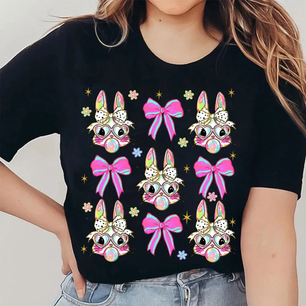 T-shirt Easter Bunny Blowing Bubbles And Pink Bow Women Printed Round Neck Short Sleeve