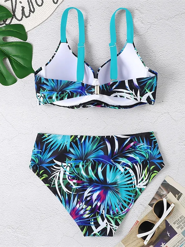 Women's Swimwear Bikini 2 Piece Normal Swimsuit Backless 2 Piece Push Up Sexy Printing Leaf Blue V Wire Bathing Suits New Vacation Beach Wear