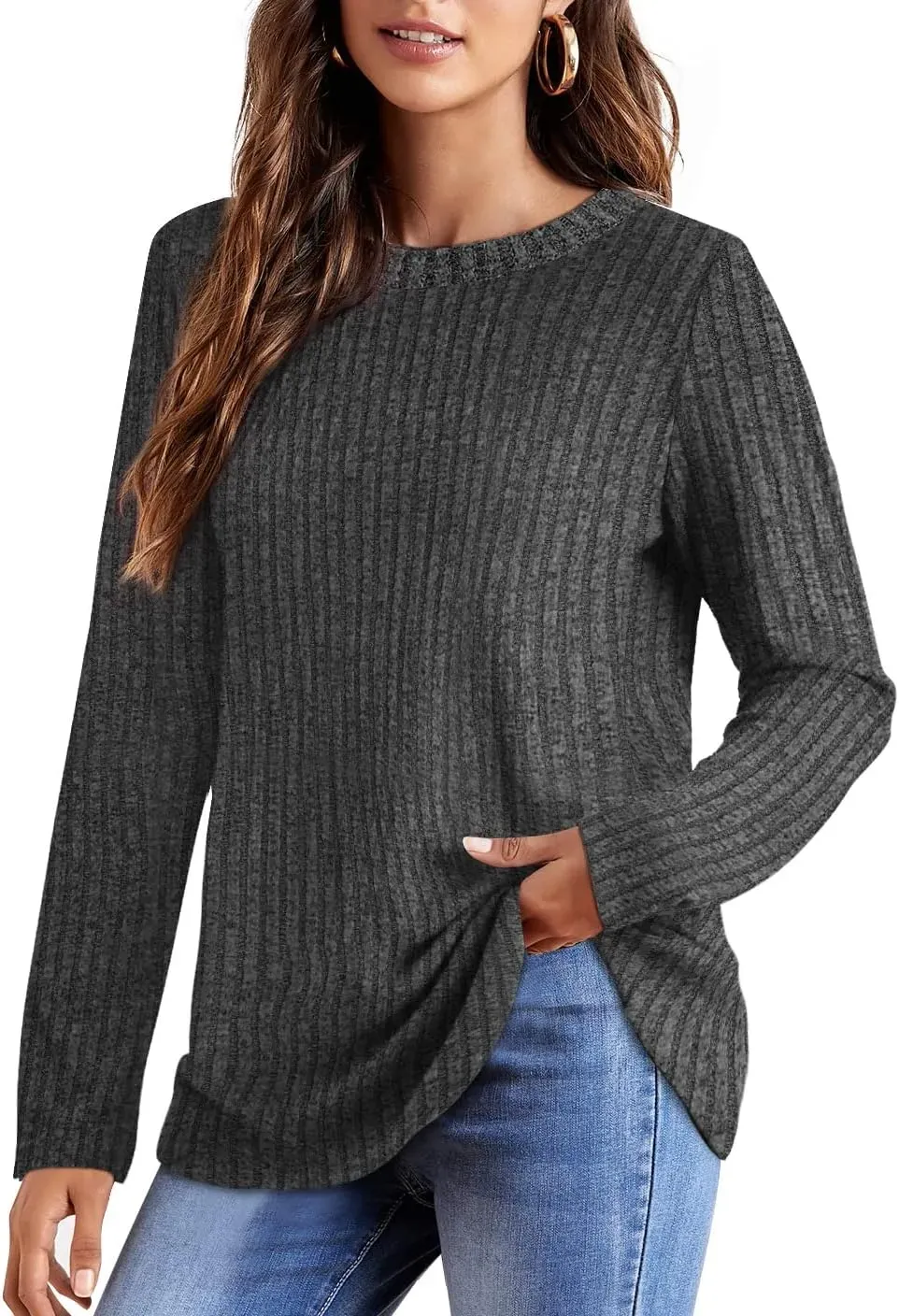 OFEEFAN Long Sleeve Shirts for Women Lightweight Crew Neck Casual Tunic Tops