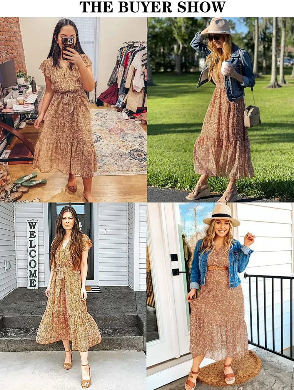 Women Summer Bohemian Floral Casual Wrap V Neck Ruffle Cap Sleeveless Belt A-Line Pleated Hem Swing Midi Sun Dress