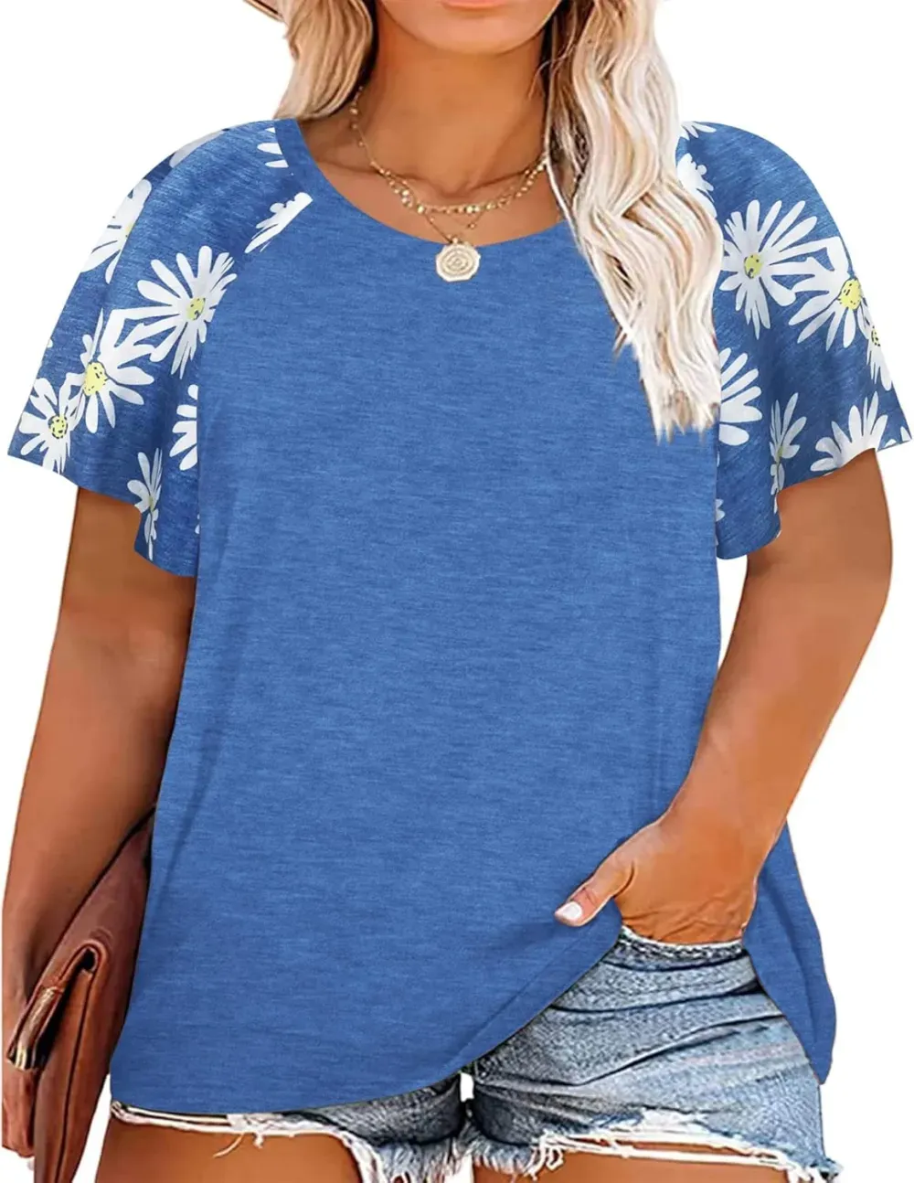 HDLTE Womens Plus Size Tops Floral Bell Sleeves Blouses Summer Crewneck Tunic Loose Casual T Shirts