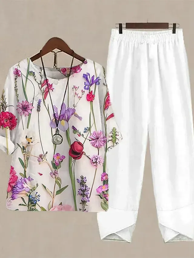 Women's Shirt Pants Sets Pants Trousers Basic White Pink Holiday Weekend Graphic Striped Print Round Neck S M L XL 2XL