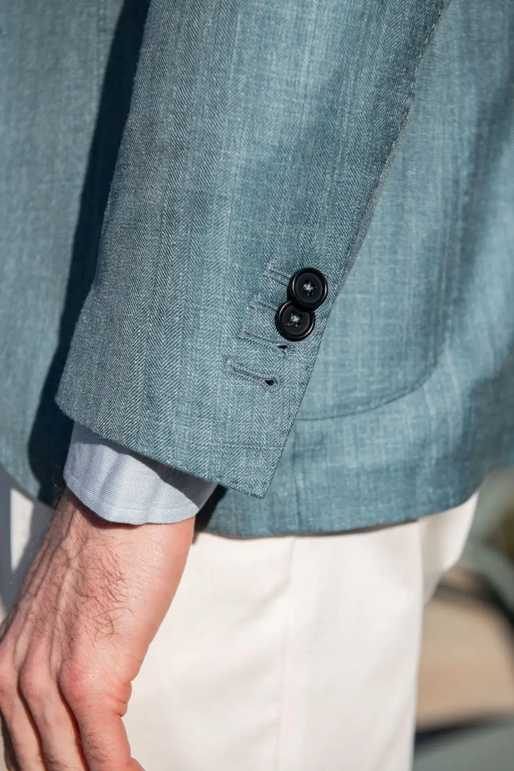 Water Green Herringbone Jacket In  Wool Silk And Linen