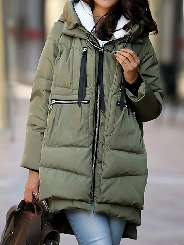 Women's Winter Coat Fleece Parka Warm Military Puffer Jacket Zip up Hooded Coat with Pocket Outerwear Long Sleeve Fall Army Green