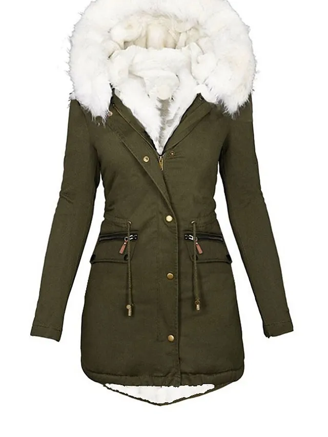 Women's Parka Fleece Lined Puffer Jacket Thicken Winter Coat with Fur Collar Hood Thermal Warm Heated Jacket with Pockets Fall Windproof Zipper Drawstring Outerwear Long Sleeve