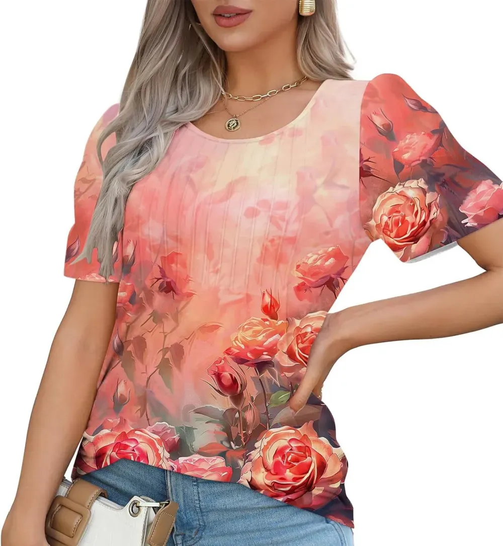 Womens Summer Pleated Front Shirts Tunics Casual Short Sleeved Loose Round Neck Boho Printed Tops Vacation Blouse