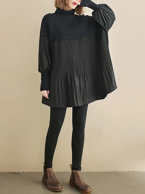 Knitting Pleats Split-Joint High-Neck Pullover Top