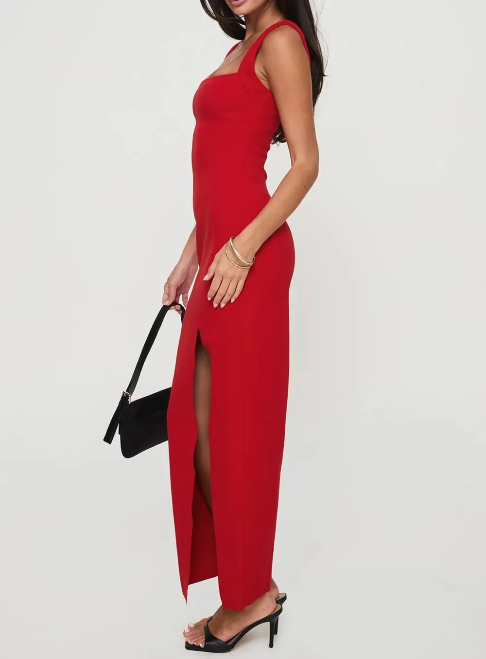 Black Square Neck Side Split Maxi Dress