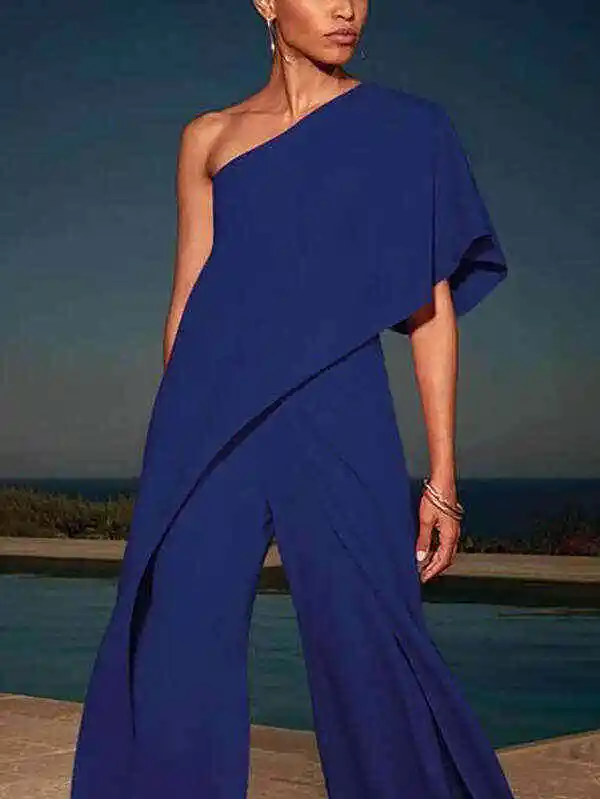 Urban Solid Color Tiered One-Shoulder Wide Leg Jumpsuits
