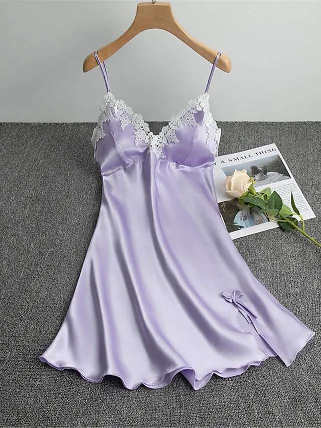 Women's Pajamas Nightgown Nightshirt Dress Dot Pure Color Simple Casual Soft Home Daily Bed Satin Breathable Straps Sleeveless Backless Chest pads Summer Spring Black White