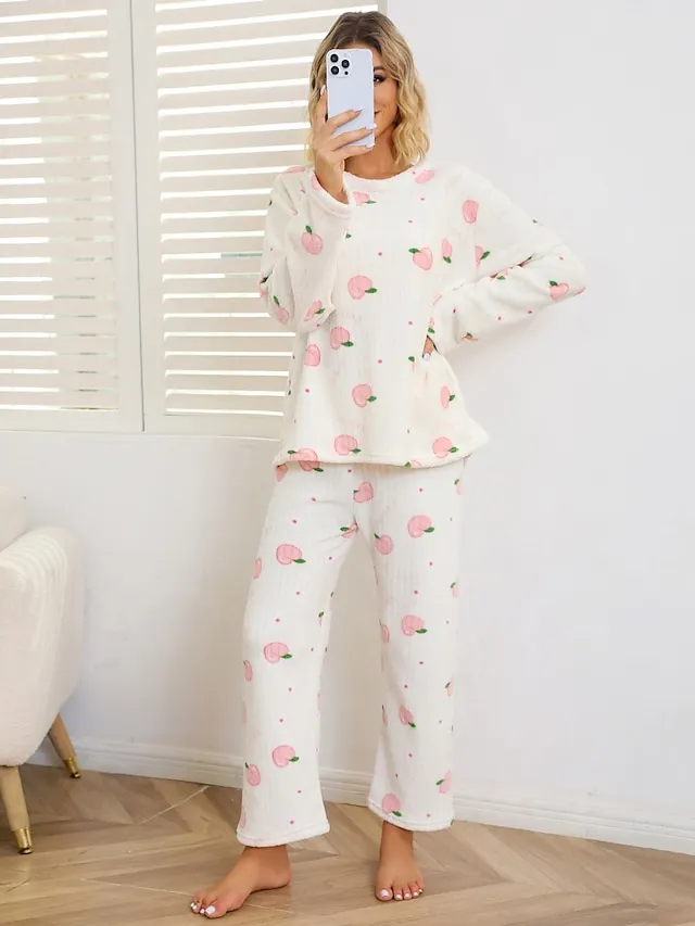 Women's Fleece Coral Pajamas Sets Cartoon Fruit Fashion Plush Casual Home Daily Bed Coral Breathable Crew Neck Long Sleeve Pant Summer Fall Lotus Pink Black
