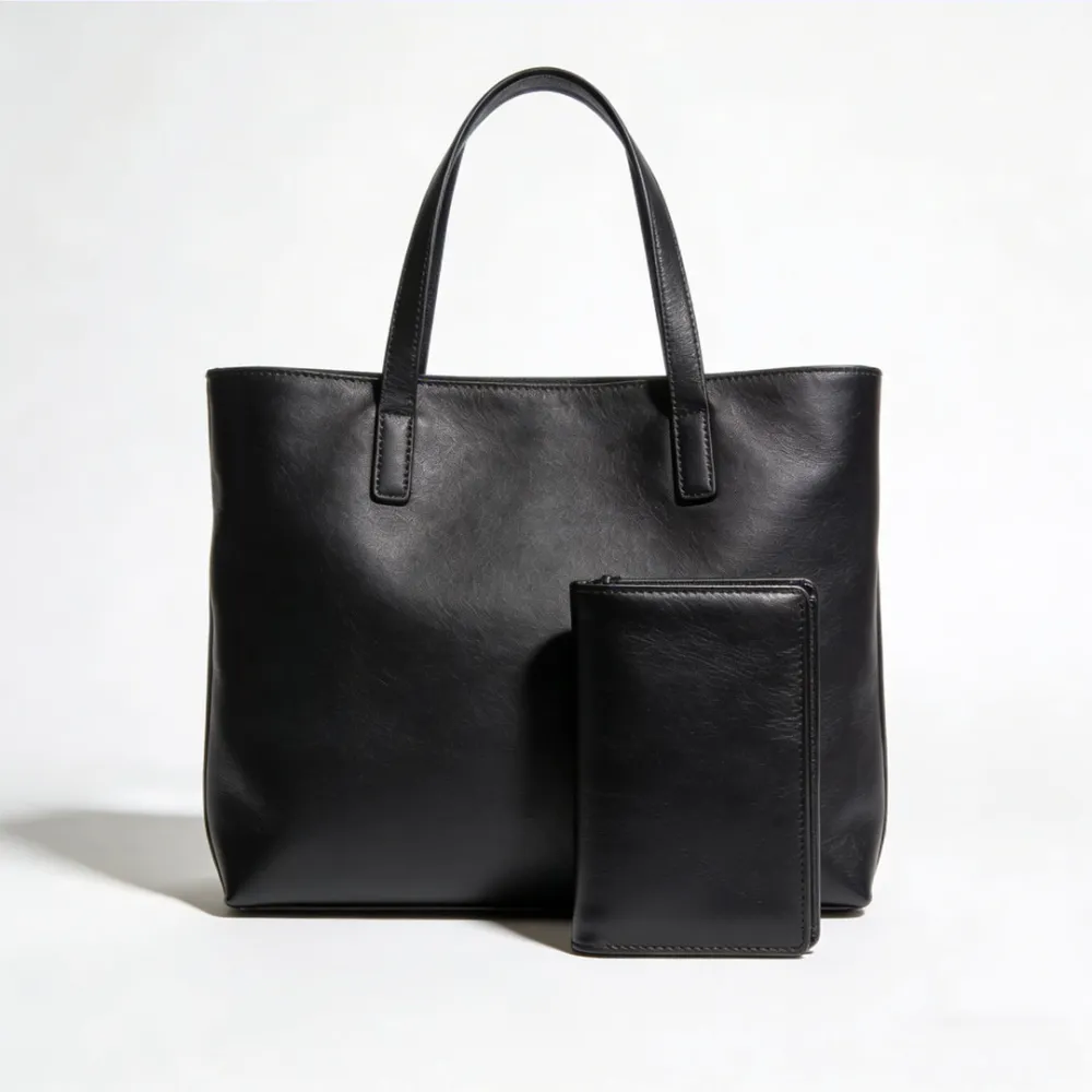Black Leather Tote Bag with Matching Wallet Set