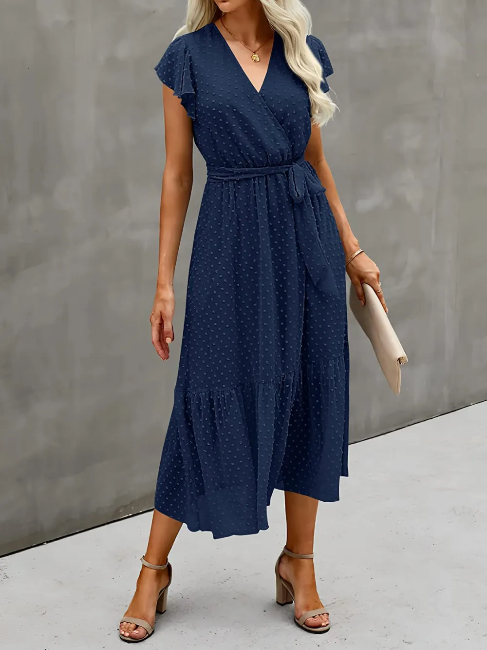 Women Summer Bohemian Floral Casual Wrap V Neck Ruffle Cap Sleeveless Belt A-Line Pleated Hem Swing Midi Sun Dress