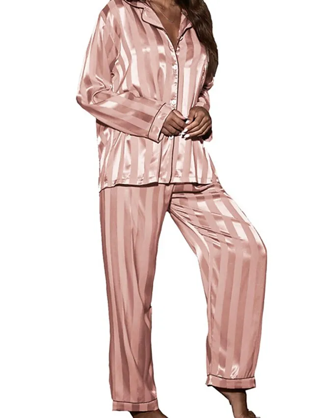 Women's Pajamas Sets Stripe Simple Comfort Soft Christmas Daily Carnival Satin Gift Lapel Long Sleeve Shirt Pant Button Pocket Fall Spring Pink Fuchsia