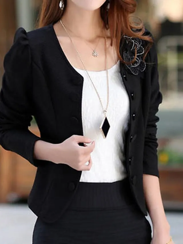 Women's Blazer Fall Short Bow Coat White Black Pink Fuchsia Elegant Street Spring Open Front Round Neck Regular Fit S M L XL XXL 3XL