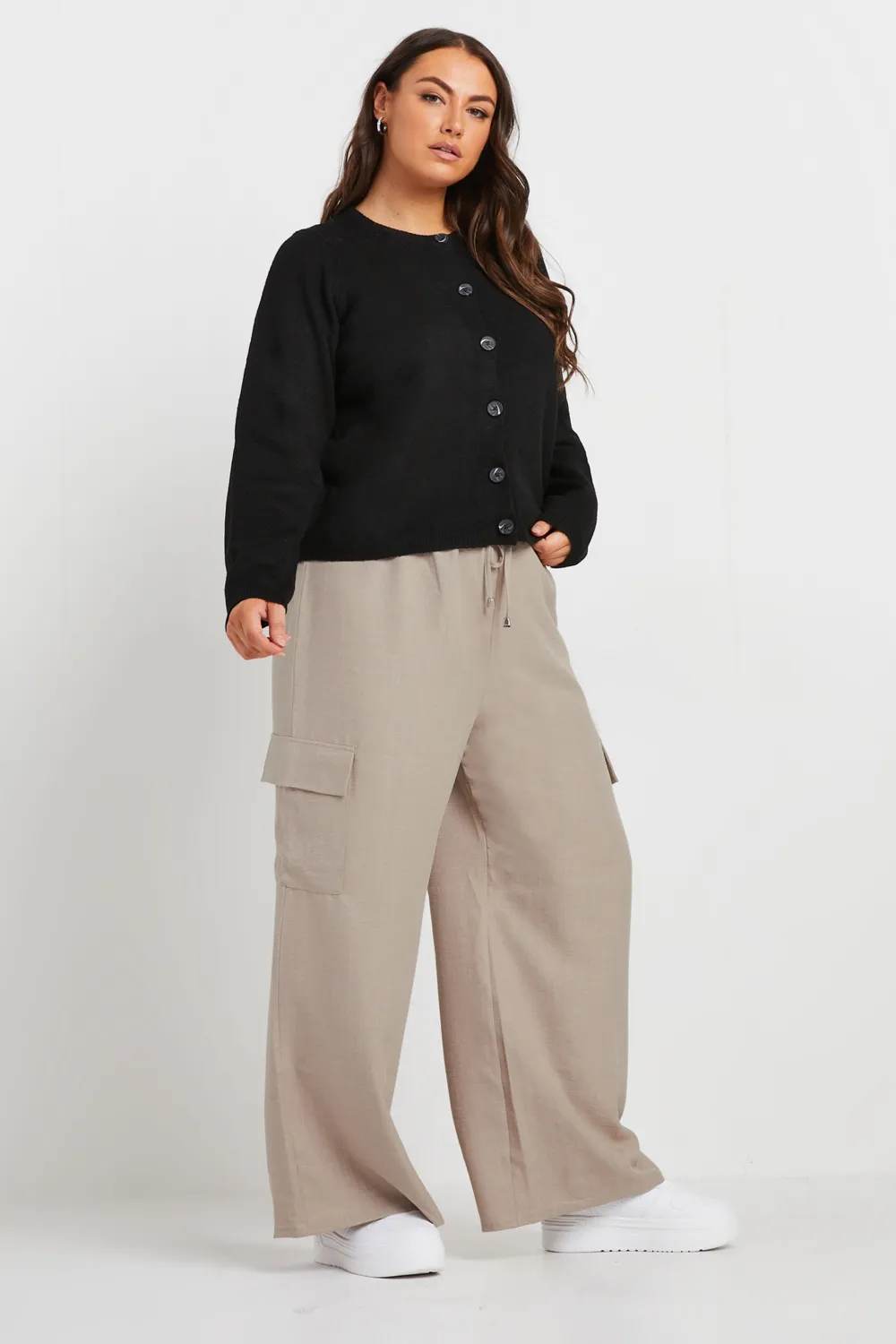 YOURS Curve Khaki Green Linen Look Cargo Trousers