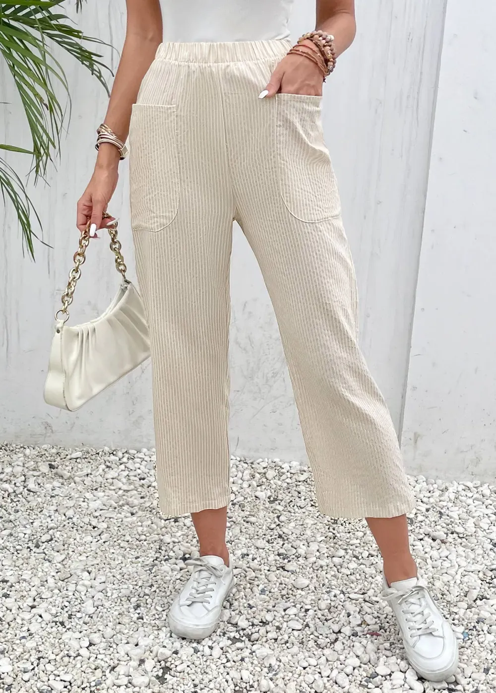 Beige Pocket Elastic Waist High Waisted Pants