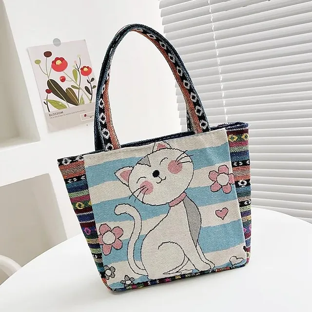 Women's Girls' Tote Polyester Daily Office & Career Cartoon Artwork Floral Print Rabbit Peacock blue striped kitten