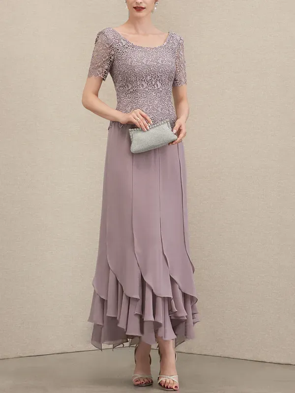 A-Line Scoop Neck Ankle Chiffon Lace Bridal Mom Gown with Layered Ruffles