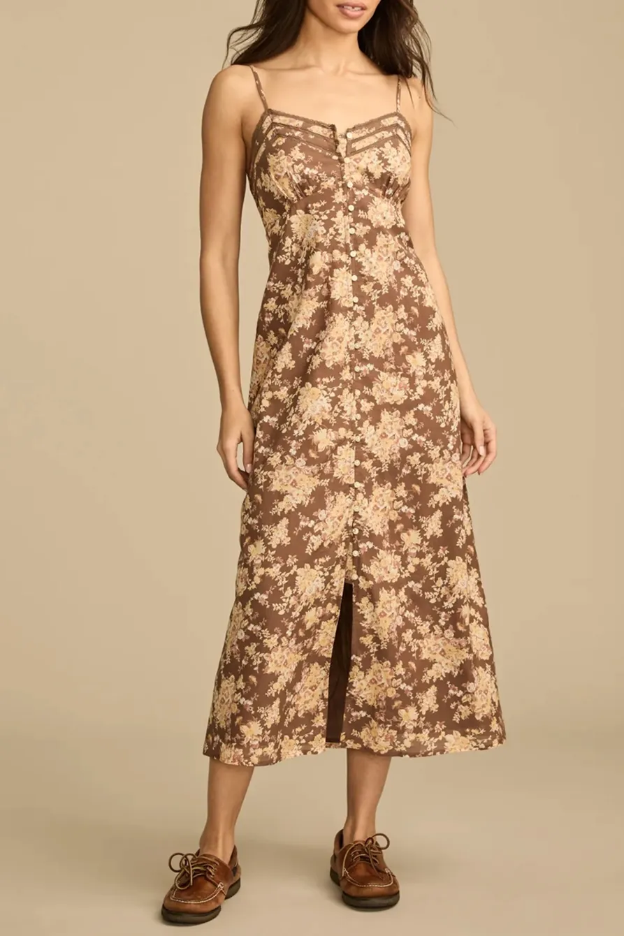 Brown Floral Lace Trimmed Slip Dress