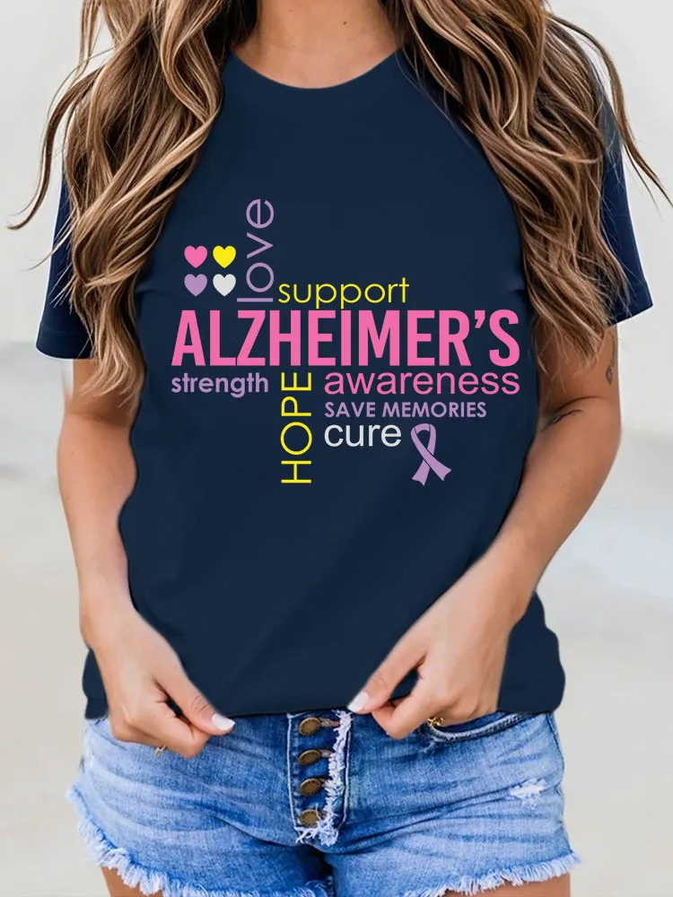 Women's Alzheimer's Disease Awareness Floral Print Round-Neck T-Shirt