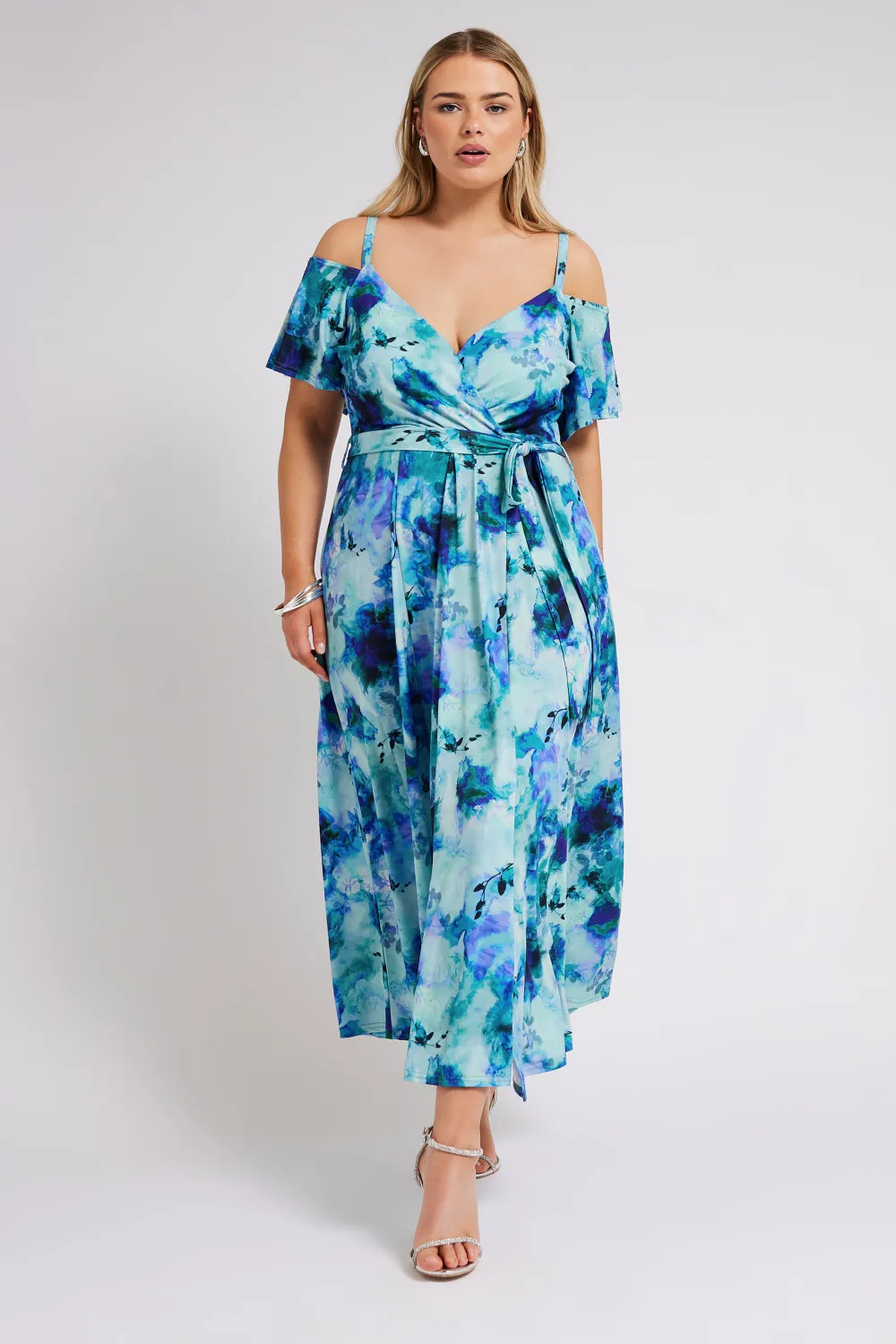 YOURS LONDON Curve Red & Blue Floral Bardot Maxi Dress