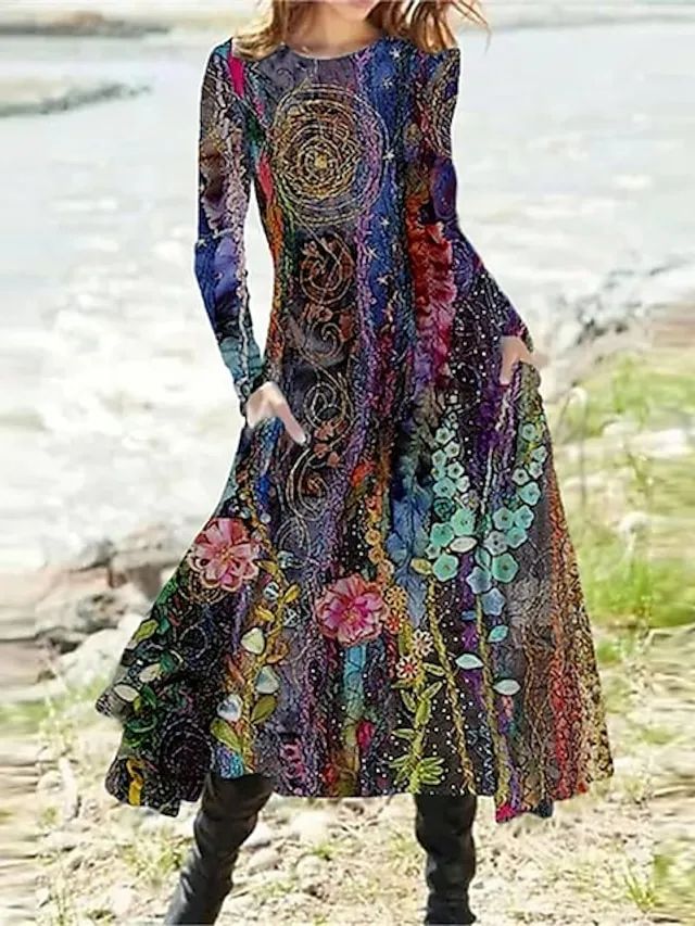 Women‘s Casual Dress Swing Dress Midi Dress Blue Yellow Rainbow Long Sleeve Color Gradient Pocket Print Winter Fall Crew Neck Vacation Casual Fall Dress 2023 S M L XL XXL 3XL