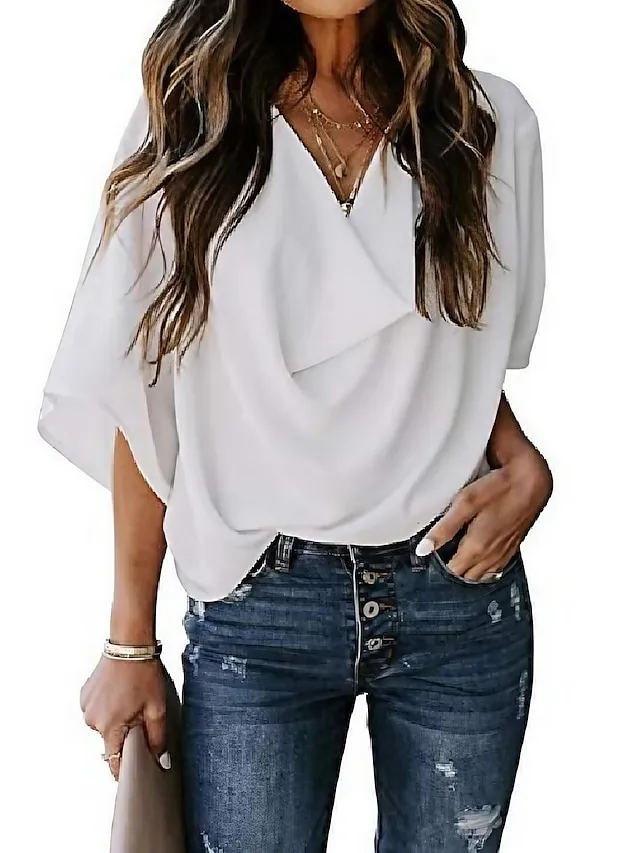 Women's Shirt Blouse Almond Black White Plain Long Sleeve Casual Basic V Neck S