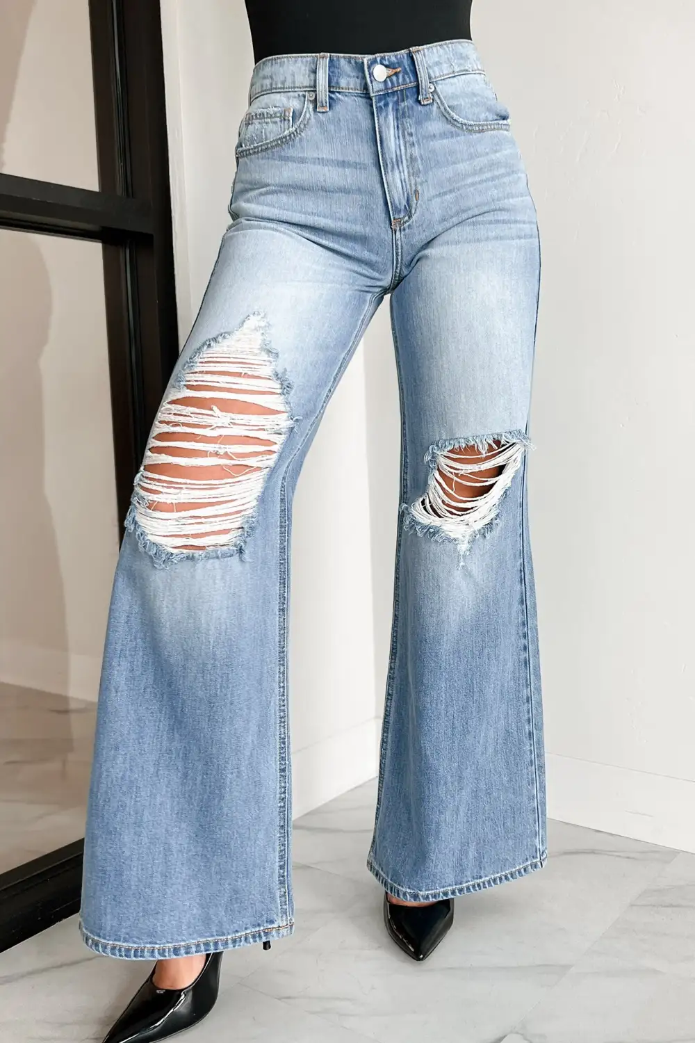 High-Waisted Ripped Wide-Leg Loose Jeans