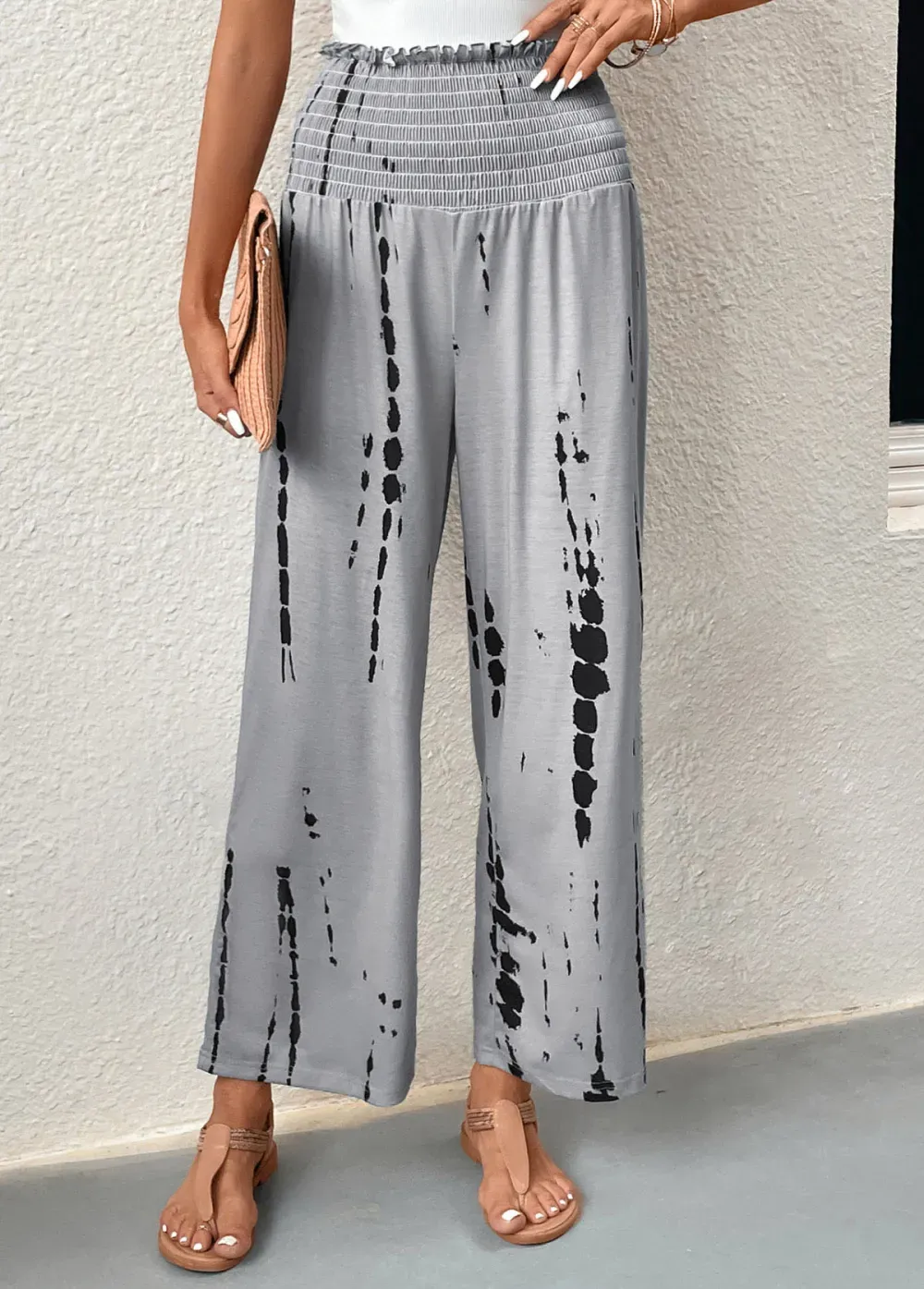 Grey Smocked Graffiti Print Elastic Waist Pants