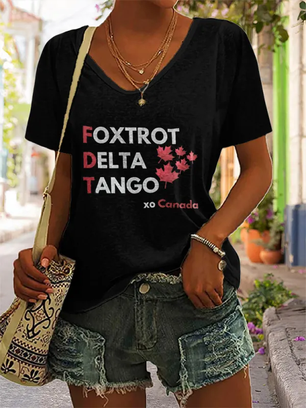 Women's Foxtrot Delta Tango Short Sleeves V-Neck Pure Cotton T-Shirt