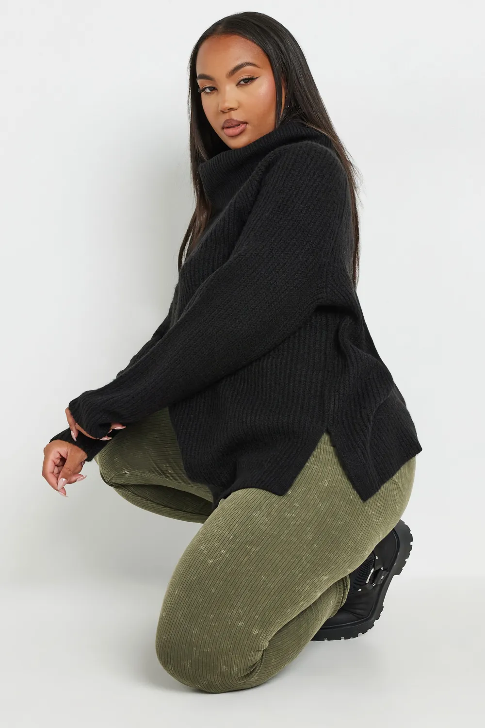 YOURS Curve Khaki Green Acid Wash Ribbed Leggings