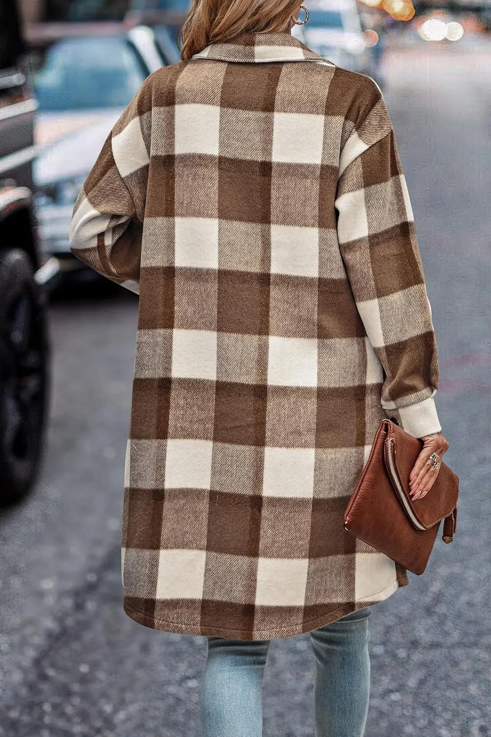 Women's Plaid Shacket 2023 Long Sleeve Button Up Flannel Shirt Winter Tartan Jacket Woolen Coats